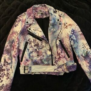 Bagatelle Women’s Luxury Vegan Leather Watercolor Floral Moto Jacket